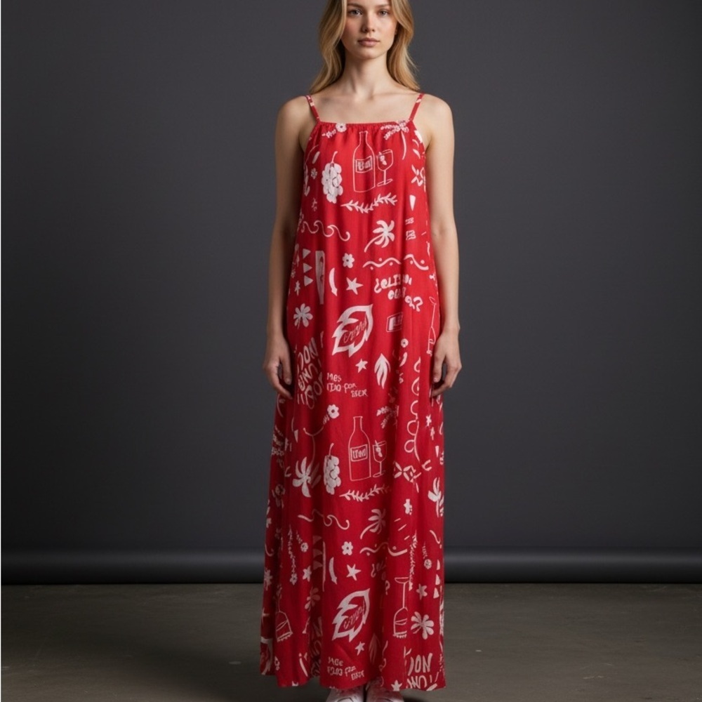 NWT Paper Heart Large Anthropologie Resort Wear Red Linen Blend Wine Maxi Dress